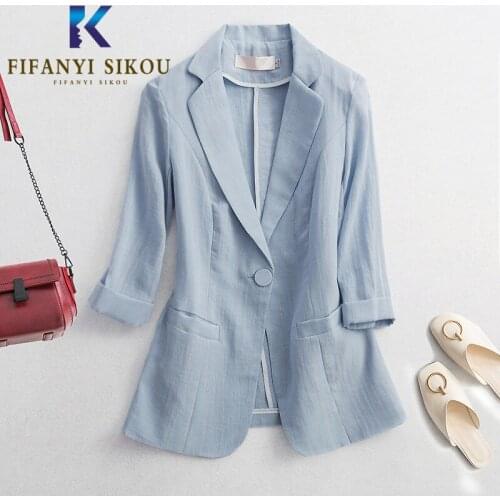 Sky blue Striped Women Blazer Jacket 2020 Summer Fashion Single Button Thin Suit Jacket Lady Plus Size 3XL Casual Blazers Coat