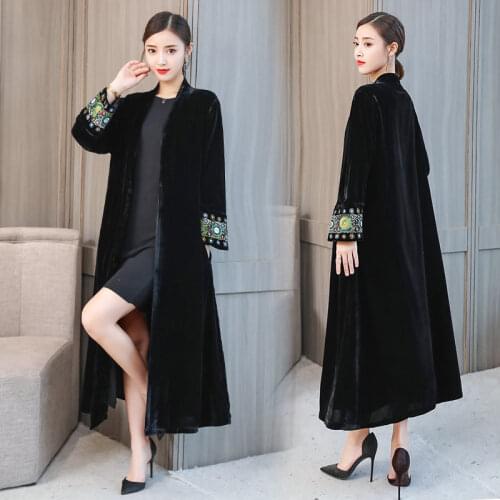 Spring Fall Winter Plus Size Womens Ethnic Style High-End Velvet Embroidery Long Cardigan Windbreaker Jacket Elegant Coat y1342