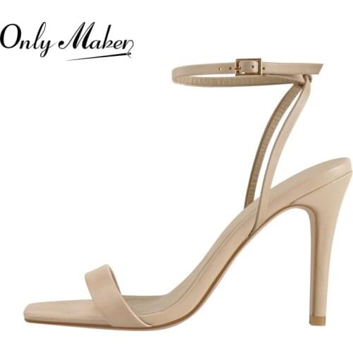 Onlymaker Concise Square Open Toe Summer Women Sandals Matte Khaki High Heel Elegant Ankle Buckle Narrow Strap Big Size