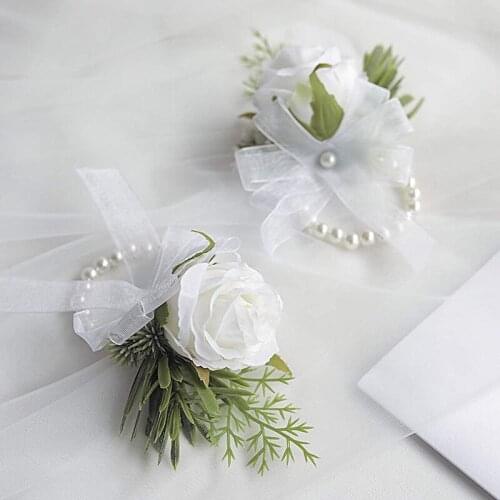 Wedding Boutonnieres White Silk Roses Wrist Corsage Artificial Flowers Accessories Prom Suit Wedding Home Decor