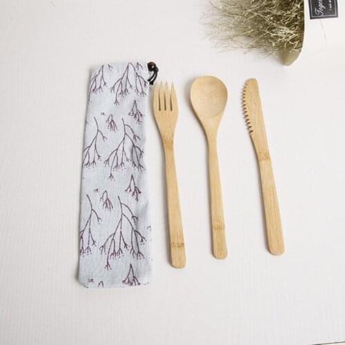 Japanese Style Bamboo Tableware Set Portable Knife Spoon Fork Cutlery Set with Drawstring Cloth Bag LX8166