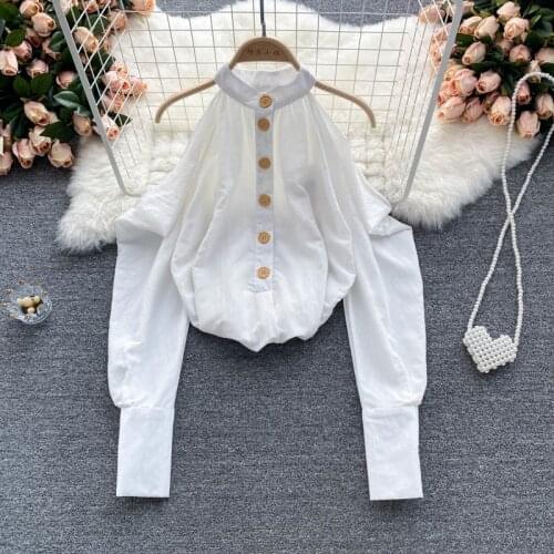 Womens White Shirt Halter Neck Cold Shoulder Long Sleeve Single Breasted Casual Female Blouse 2021 Summer Wear Thin Loose Shirt