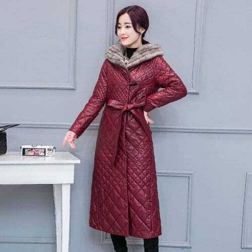 Plus Size 4XL Winter Women Thick Slim Cotton Leather Jacket Female Long Hooded Faux Fur LX333