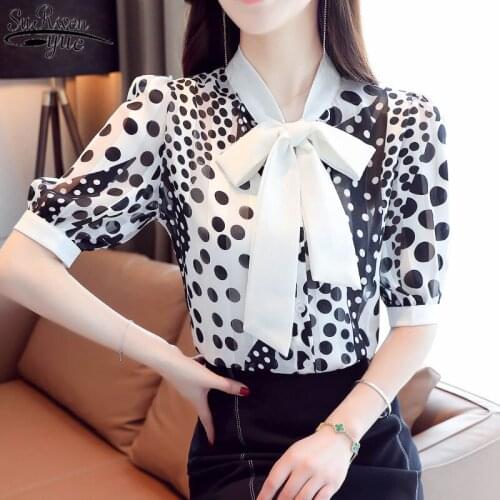 Blusas Women Top Blouse Loose Chiffon Blouse Women 2021 Half Woman Shirt Summer Bow Polka Dot Slim All-match Lady Clothing 10174