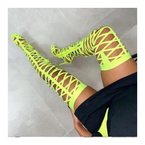 Hot Selling Fluorescent Yellow Hollow Over The Knee Boots Women Peep Toe Cut-out Waist Tight High Sandals Boots Ladies Runway