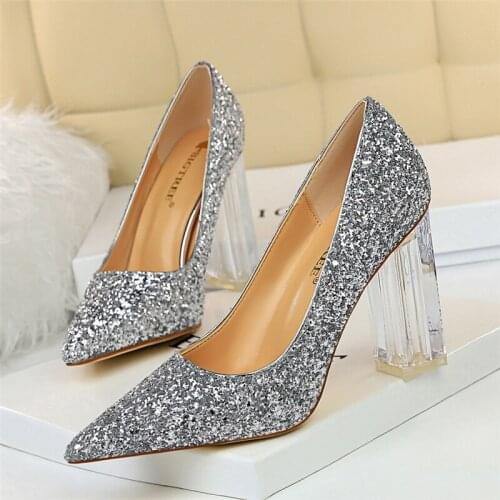 2020 Spring Shoes Women White Valentine Shoes Transparent Heels Square Heels Gold Glitter Heels Dress Shoes Womens Black Pumps