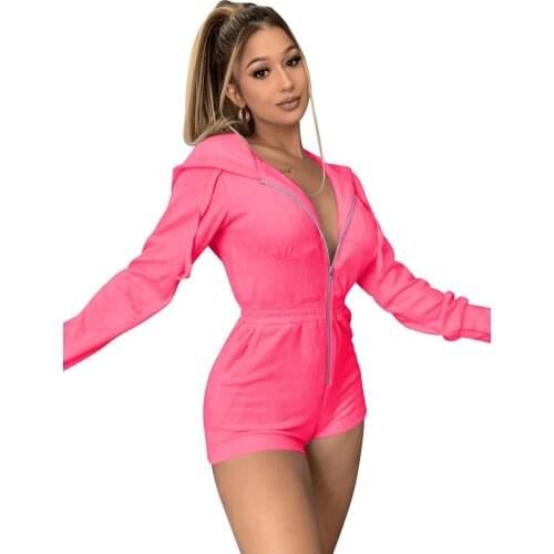 Hooded Jumpsuit Women Short Jumpsuit Black Blue Neon Geen Pink Overalls One Piece Outfit Jumpsuit Women Rompers Ropa Mujer 2021