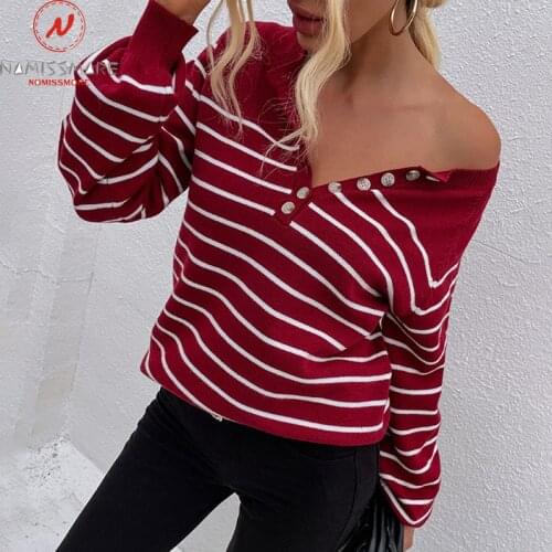 Fashion Women Striped Print Sweaters Single-Breasted DesignO-Neck Long Lantern Sleeve Autumn Winter Casual Loose Pullovers Top