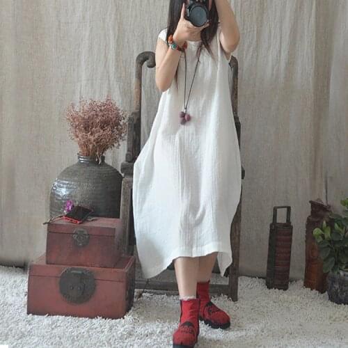Women Cotton Linen Solid Color Dress Ladies White Bottoming Dresses Female 2020 Summer Sleeveless Dress Tank Dress