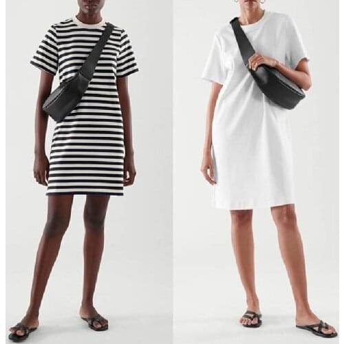 Women Mini Dress O-neck Stripe or Solid Color Dress Simple Loose Cotton Dress 2021 New Spring Summer Ladies Short Robes