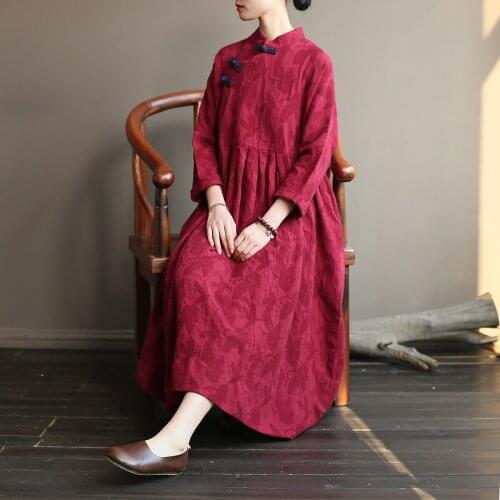 Women Autumn Cotton Linen Jacquard Retro Loose Dresses Female Qipao Dress Ladies Vintage Cotton Flax Robe Dress Cheongsam