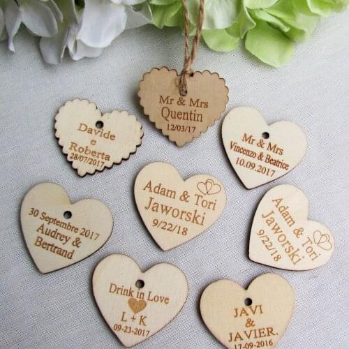 100pcs Personalized Engraved Wood Love Heart Wedding Centerpieces Table Decoration Favors Customized heart gift Tags 30mm