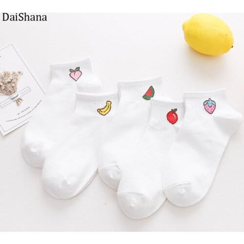 5Pairs Summer Cartoon Cotton Casual Women Socks Solid White Fruit Socks Funny Animals Happy Socks Cute Kawayi Girls Socks 35-40