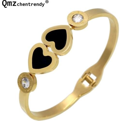 Stainless Steel Men Women Double Peach Hearts Bangles Black Shell Bracelet Bling Iced Out Roman Numeral Gem Women Bangle