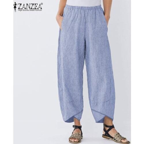 2021 ZANZEA Casual Striped Pants Women Autumn Harem Trousers Kaftan Elastic Waist Asymmetrical Hem Pantalon Woman Palazzo