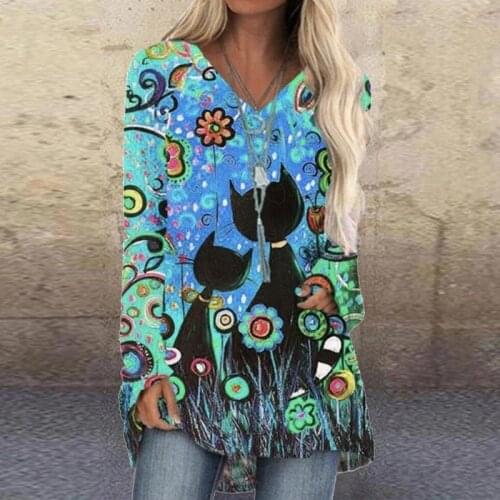 Fashion Womens T Shirts Halloween Tops Abstract Loose Long Sleeve Tops Oversized Cat Print T-shirt Harajuku Pullovers Streetwear