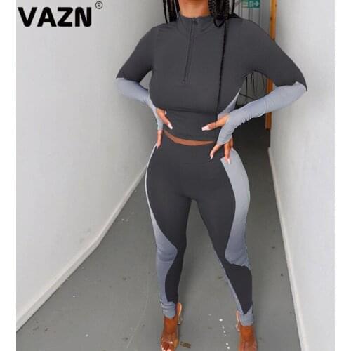 VAZN 2020 New Patchwork Sexy Young High Street Soft Tracksuits Full Sleeve Top High Waist Long Pants Skinny Women 2 Piece Set