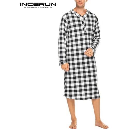 2021 New Men Plaid Sleep Robes Sleepwear Men Fashion Soft Loose Long Sleeve V Neck Button Nightgowns Casual Long Pajamas INCERUN