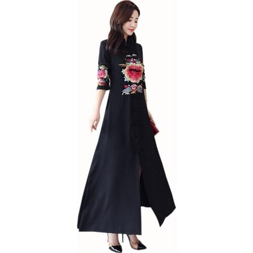 2019 Spring and autumn new Chinese Style Long dress women vintage Embroidery Long sleeve Ankle-Length dress Womens clothing