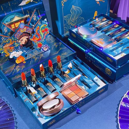 Chinese style makeup gift box big palace carved flower mouth red cover joint authentic full package ladies makeup cosmetic sets