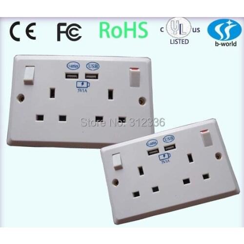 Free Shipping UK type six Holes socket with switch 250V 13A 2 USB DC 5V 1000mA white panel wall Socket uk style