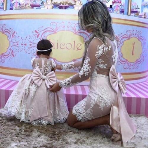 Mother Daughter Princess Pink lace Ball Gown Flower Girl Dresses Long Sleeves Mother Of Bride Dresses With Big Bow