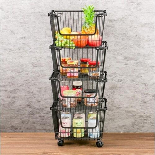 Removable Multi-functional Kitchen Storage Racks With Wheels Vegetable Fruit Basket Stackable Organizer Metal Storage Shelves