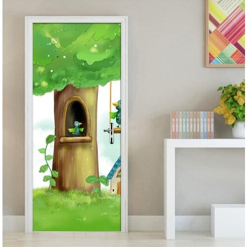 Modern Cartoon Tree Bird Children Room Bedroom Door Mural Photo Wallpaper For Kids Room Door Decoration PVC Wall Sticker Paper