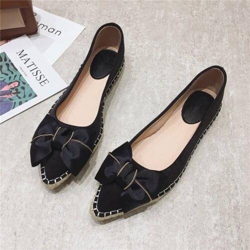 Black Retro Vintage Ladies Flats Womens Casual Shoes for Female Breathable Slip-on Loafers Women Bowtie Pointed Toe Boat Shoes