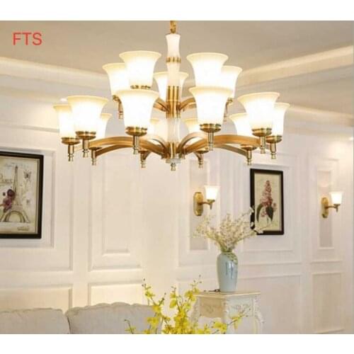 All copper living room chandelier Chinese style lamp light luxury retro golden bedroom dining room modern minimalist jade lamp