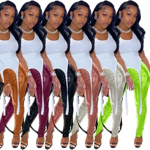 Zipper Up Pu Leather Pants Woman Mid Waist Stretchy Split Hem Pencil Pants Fashion Casual Trousers 2020 Autumn Winter Outfits