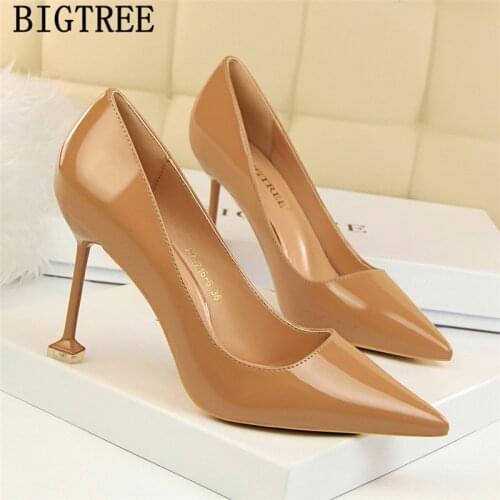 Women High Heels Wedding Shoes Bride Patent Leather Women Pumps Sexy Shoes Nude Heels Bigtree Shoes New Arrival 2020 Ayakkabi