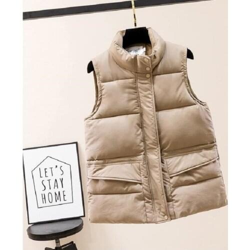 Solid Short Style Vest for Women Cotton Padded Plus Size Womens Winter Sleeveless Jacket with Zipper Stand Collar Casual Coats