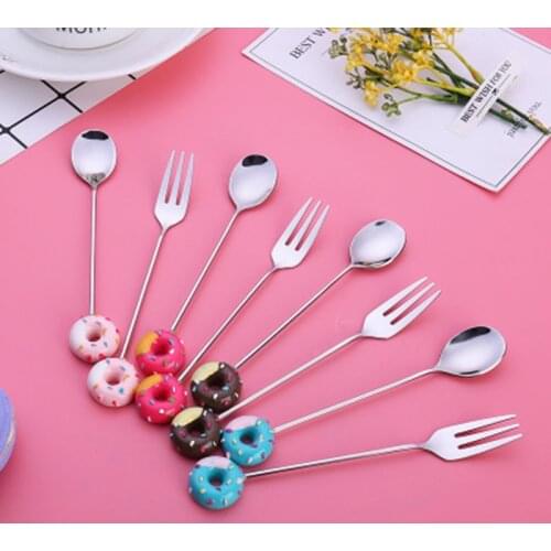 Golden Spoon Fork 304 Stainless Steel Mickey Dounts Coffee Dessert Tea Ice Cream Spoons Forks Stirring Cute Cartoon Teaspoon