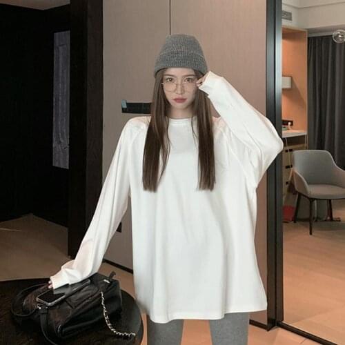 White Womens Autumn and Winter Long Sleeve Loose-Fitting T-shirt Top