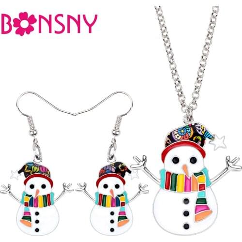 Bonsny Enamel Alloy Christmas Scarf Snowman Jewelry Sets Earrings Drop Dangle Necklace Pendant Fashion For Women Girls Gifts Hot