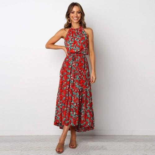 Long Sleeveless Floral Dress Womens Party Vintage Ruffle Halter Dress Print Lace Up Spring Summer Beach Female Stylish Dress