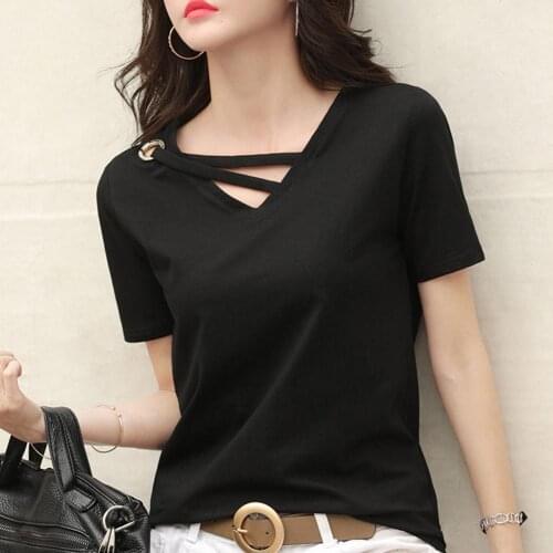 2020 New Women Solid Color V Neck Short Sleeve Loose T-shirt Summer Casual Tee Top Womens clothing женские футболки