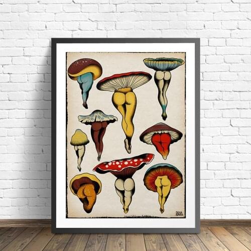 Cactus Mushroom Carrot Sexy Butt Vintage art print Poster Mushroom wall art Woodland decor Antique Kitchen Canvas Print Painting