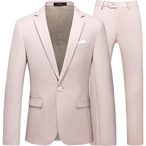 2 Pcs Set Suit Jacket Pants / 2021 Fashion Mens Casual Boutique Business Solid Color Groom Wedding Formal Suit Blazers Trousers