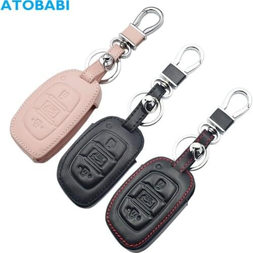 Leather Car Key Case For Hyundai IX20 IX30 IX35 I40 IX25 Tucson Elantra Verna Sonata 3 Buttons Smart Remote Fob Cover Keychain
