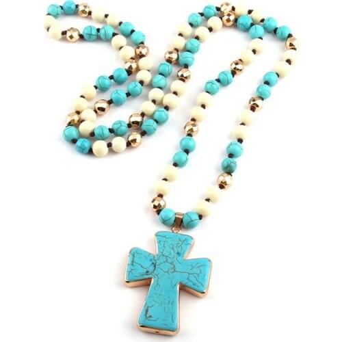 Fashion Bohemian Tribal Jewelry Semi Precious Stones Long Knotted Stone Cross Pendant Necklaces Ethnic Necklace