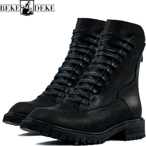 Spring Fashion Men Genuine Leather Motor Biker Military Boots Rock Lace Up High Top Army Antiskid Platform Footwear Male Shoes