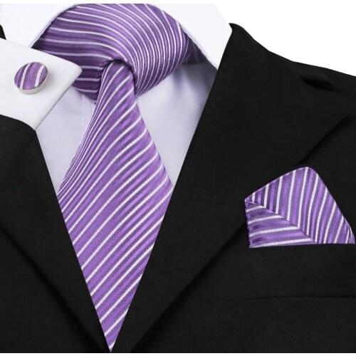 2018 New Mens Purple Violet Striped Neck Tie Set For Men Wedding Fashion Purple Striped Ties Handkerchief Cufflinks Men C-313