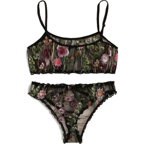 2020 New Womens Sexy Lingerie Set Floral Embroidered Sheer Mesh Bra + Panty 2 Piece Nightwear Exotic Sets