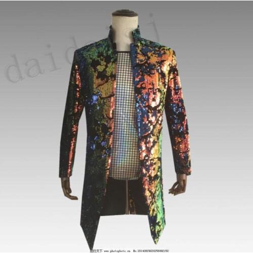 2020 New Mens Multicolour Printing Flip-chip Sequins Long Suits Nightclub Male Singer Guest Host Stage Performance Clothing