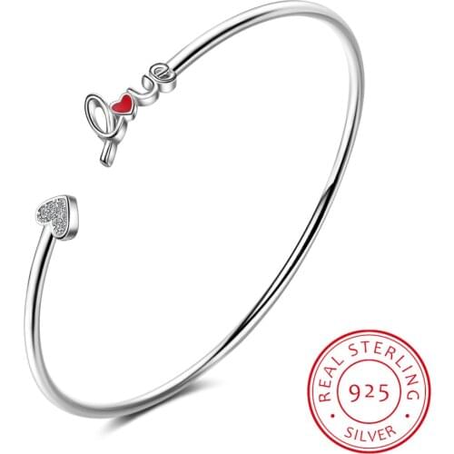 Original 925 Pure Silver Love letter Red Heart Shape Cuff Bracelet Bangle Pulseiras de Prata Fit For Women Girl Gift Of Love