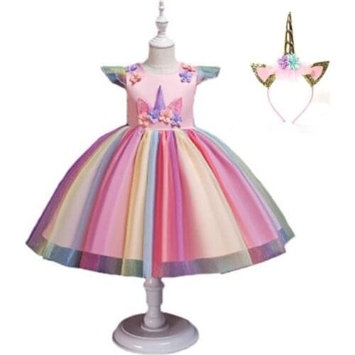 2019 girls unicorn dress European and American childrens dress birthday party princess dress
