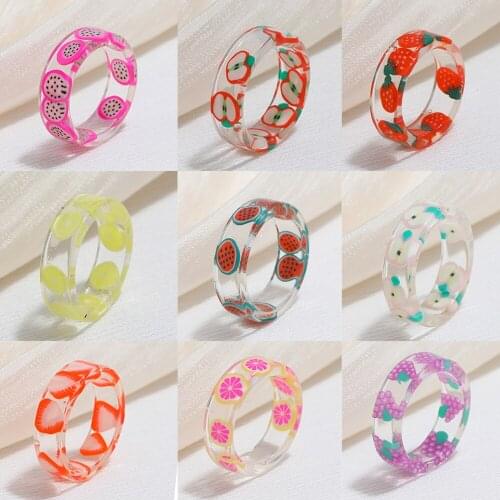 Potosala Resin Fruit Creative Rings Women Cute Colorful Acrylic Ring Inside Transparent Finger Ring Girl Fashion Jewelry Gifts