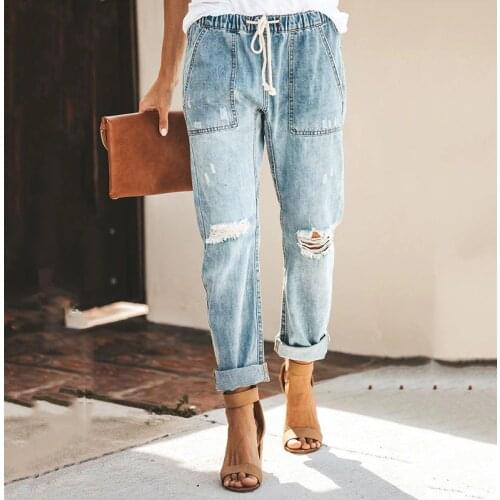 Holes Ripped Cotton Jeans For Women Moms Plus Size Elastic High Waist Pants Female Straight Loose Denim Trousers Mujer Summer